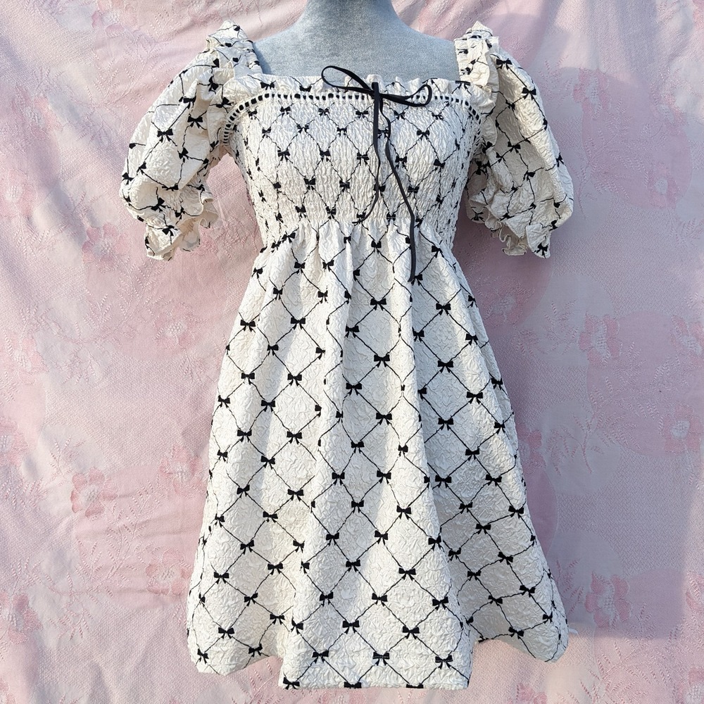 Bow Print Babydoll Mini Dress Small White Puff Sleeve Coquette Cottagecore